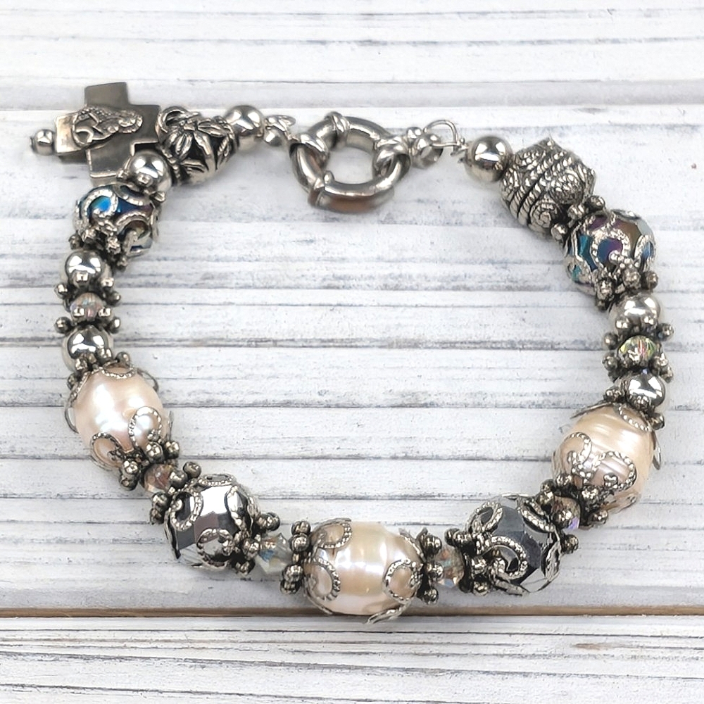 Pearl & Silver Bead Bracelet with Religious Charm